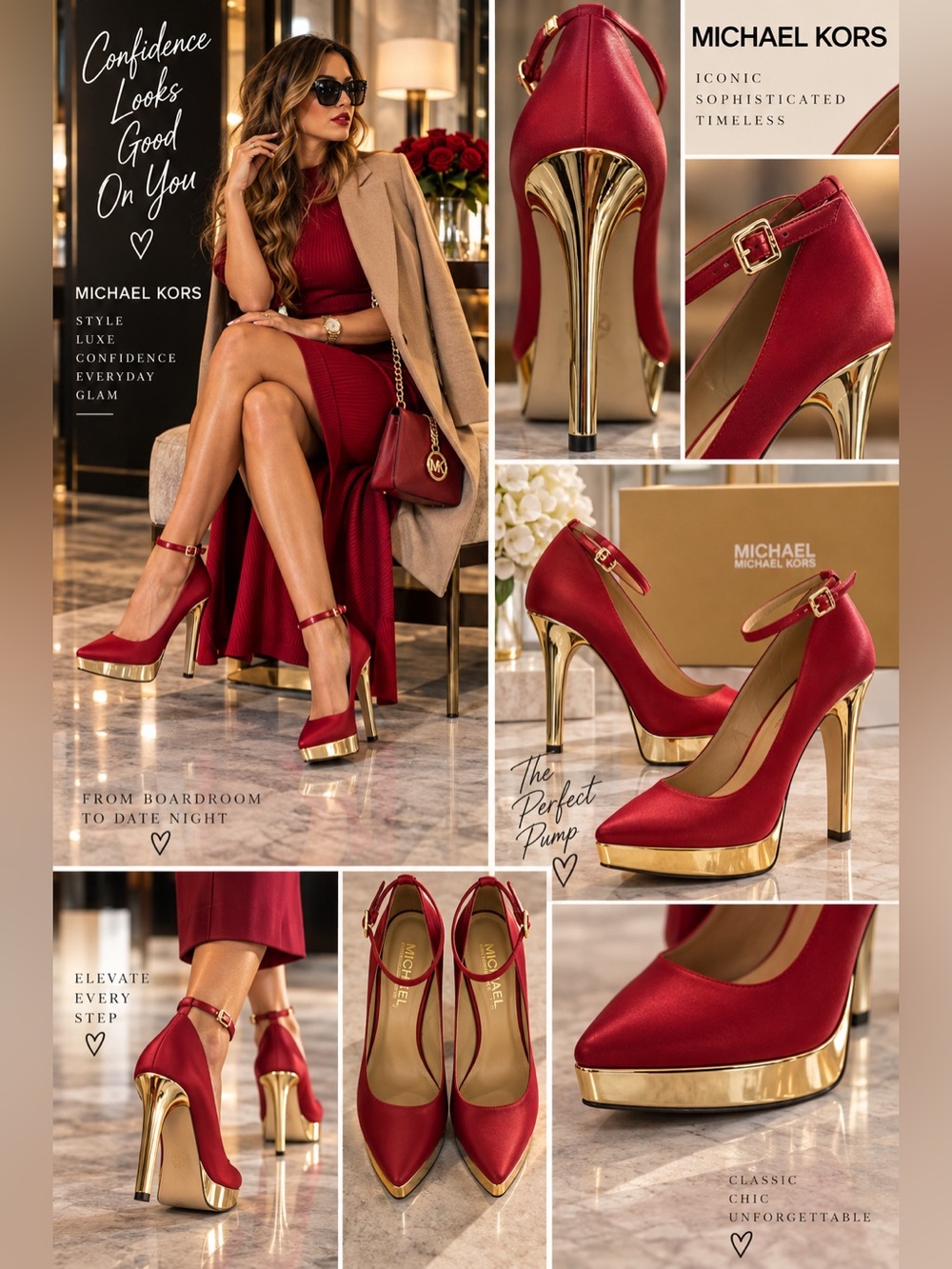 Michael Kors Red Gold Platform Pumps Ankle Strap Stiletto Heels